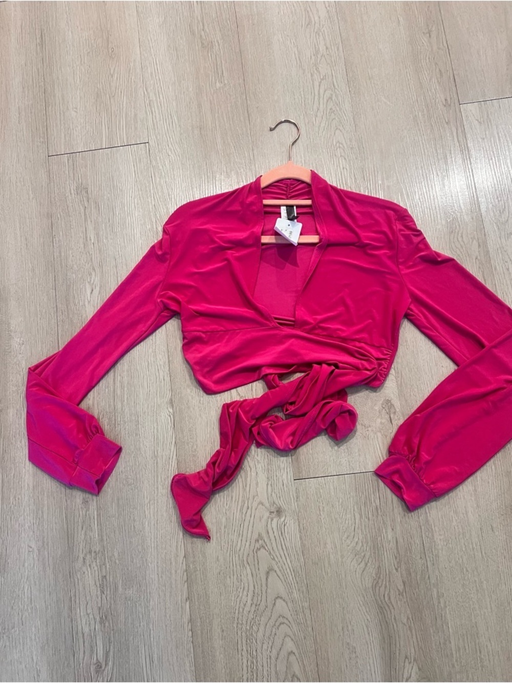 Fuchsia Wrap Tie-Front Long Sleeve Crop Top